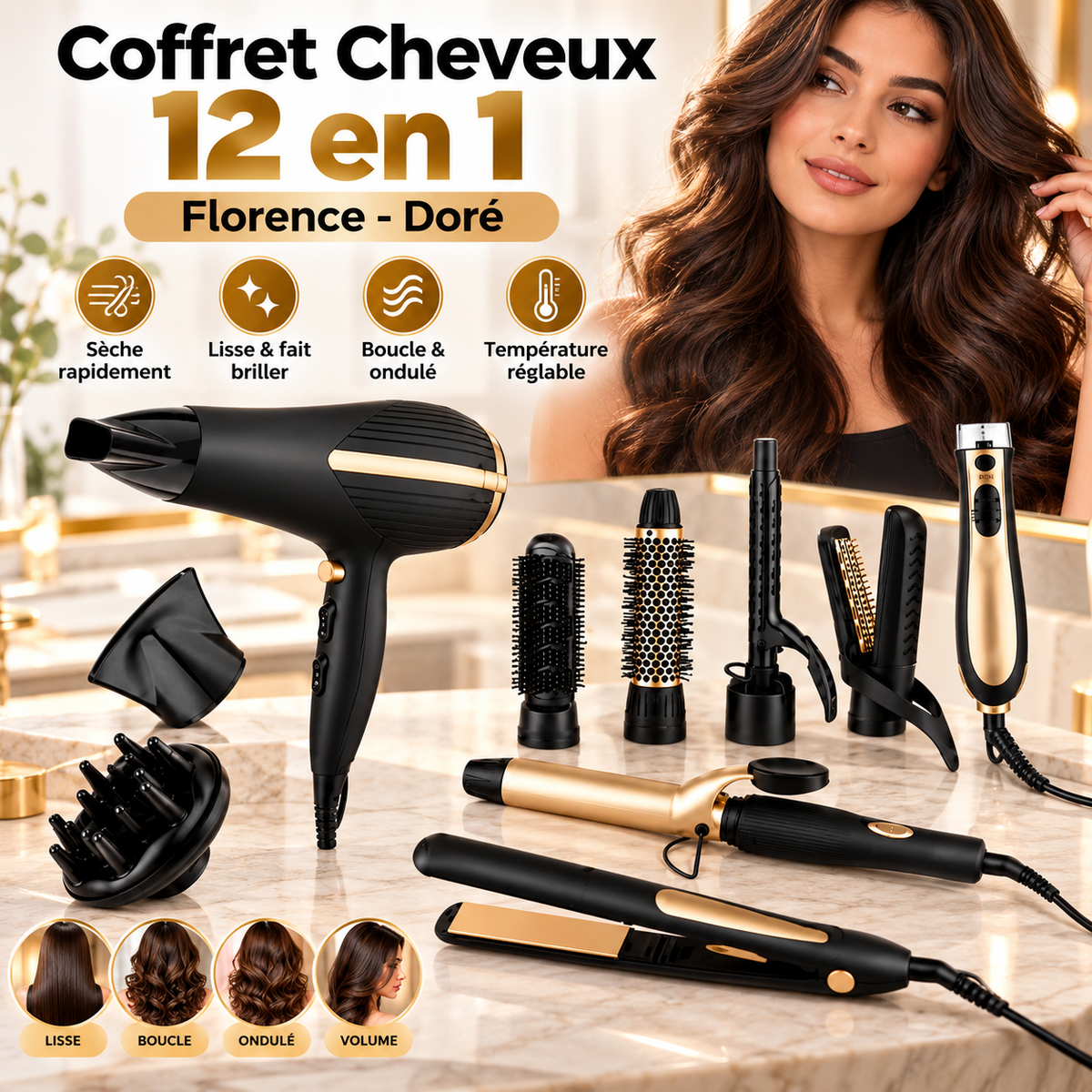 Coffret Cheveux 12 en 1 Florence Doré — Sèche-cheveux, Lisseur, Fer à Boucler
