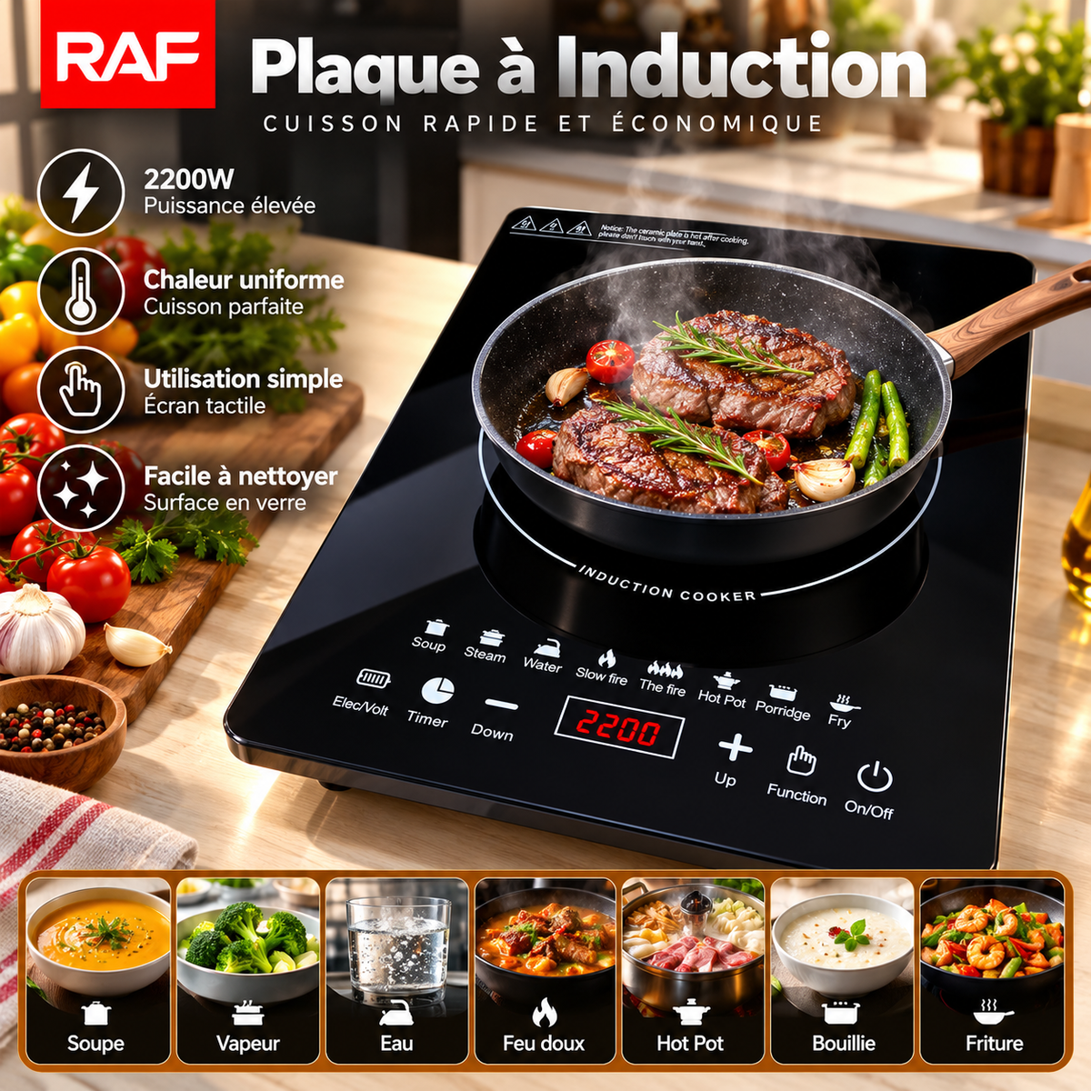 Plaque à induction RAF noire avec commandes tactiles et fonctions de cuisson