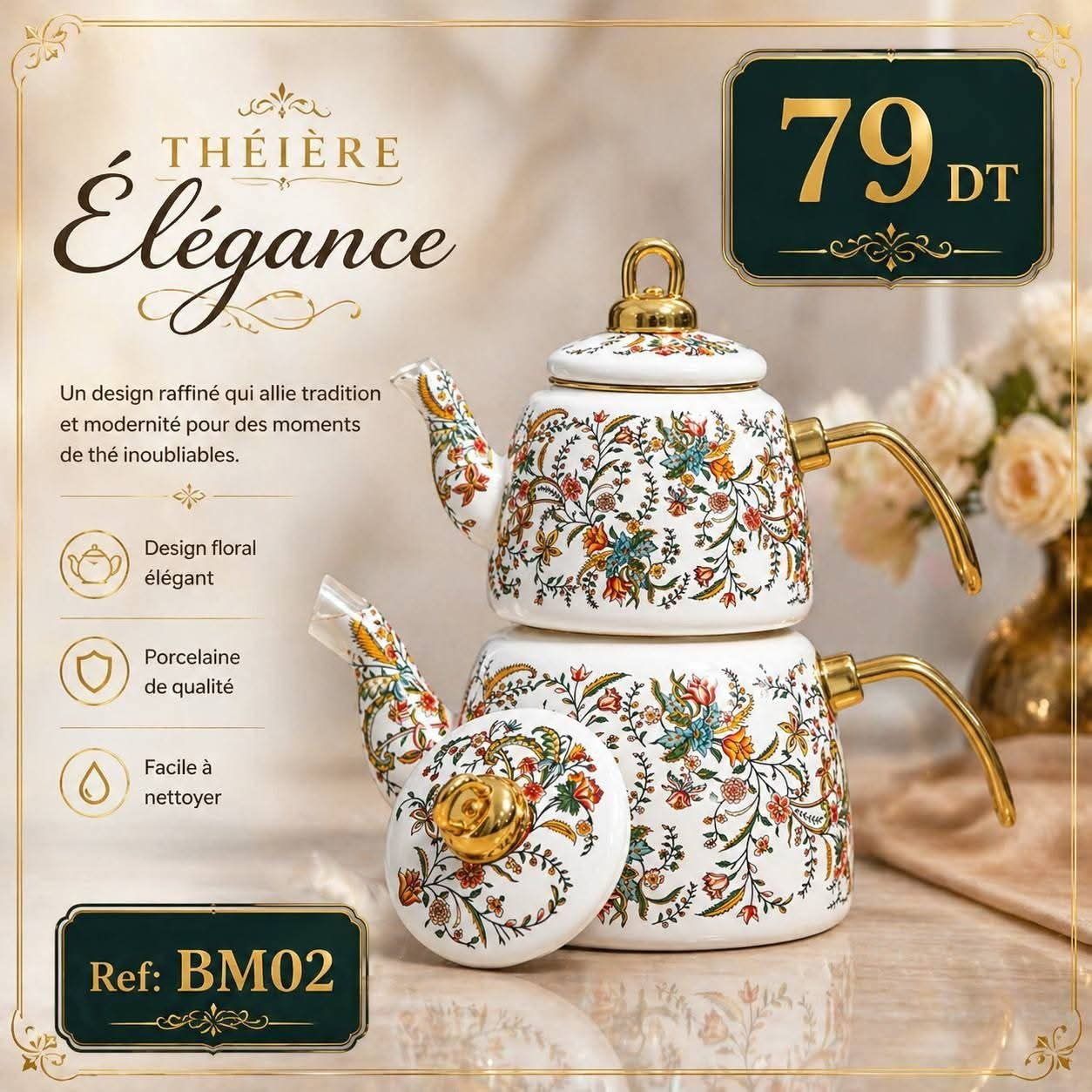 Théière Élégance BM02 Double Arabesques Florales Dorée