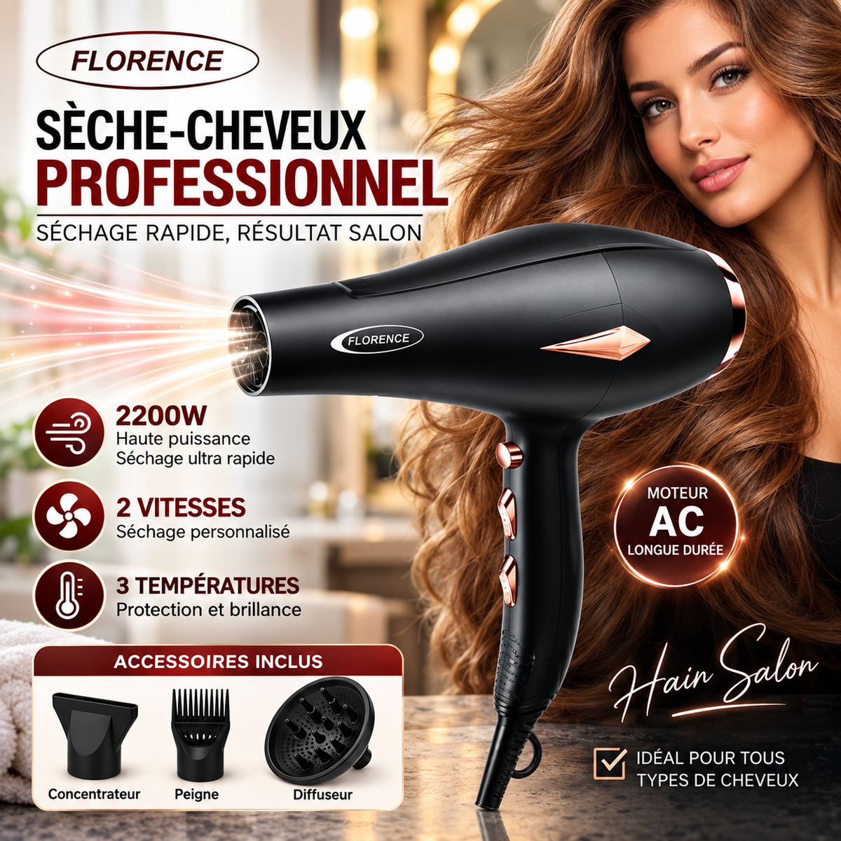 Sèche-cheveux Professionnel Florence 2200W Moteur AC — Noir & Or rosé