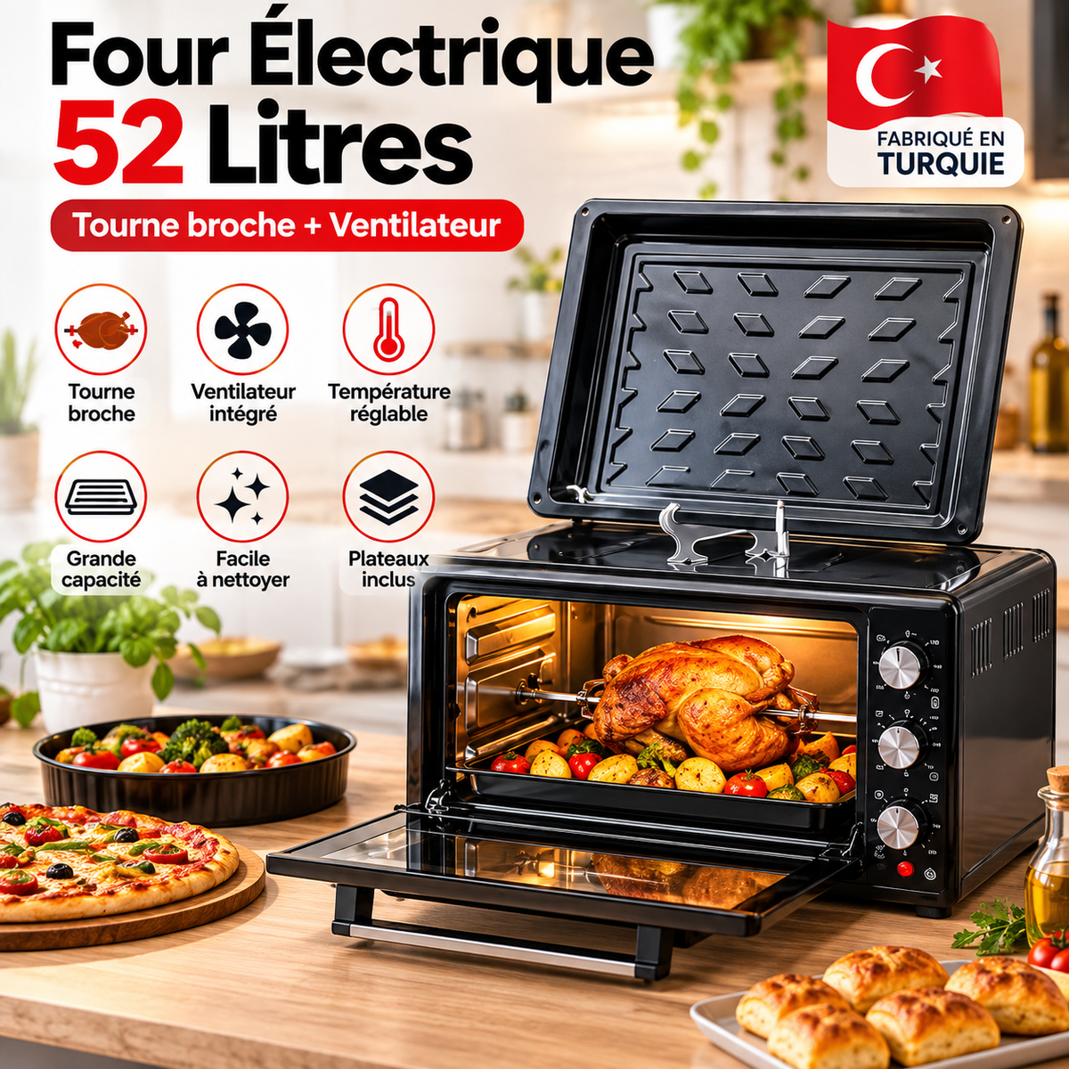 Four Électrique 52 Litres Tourne-broche & Ventilateur — Fabriqué en Turquie