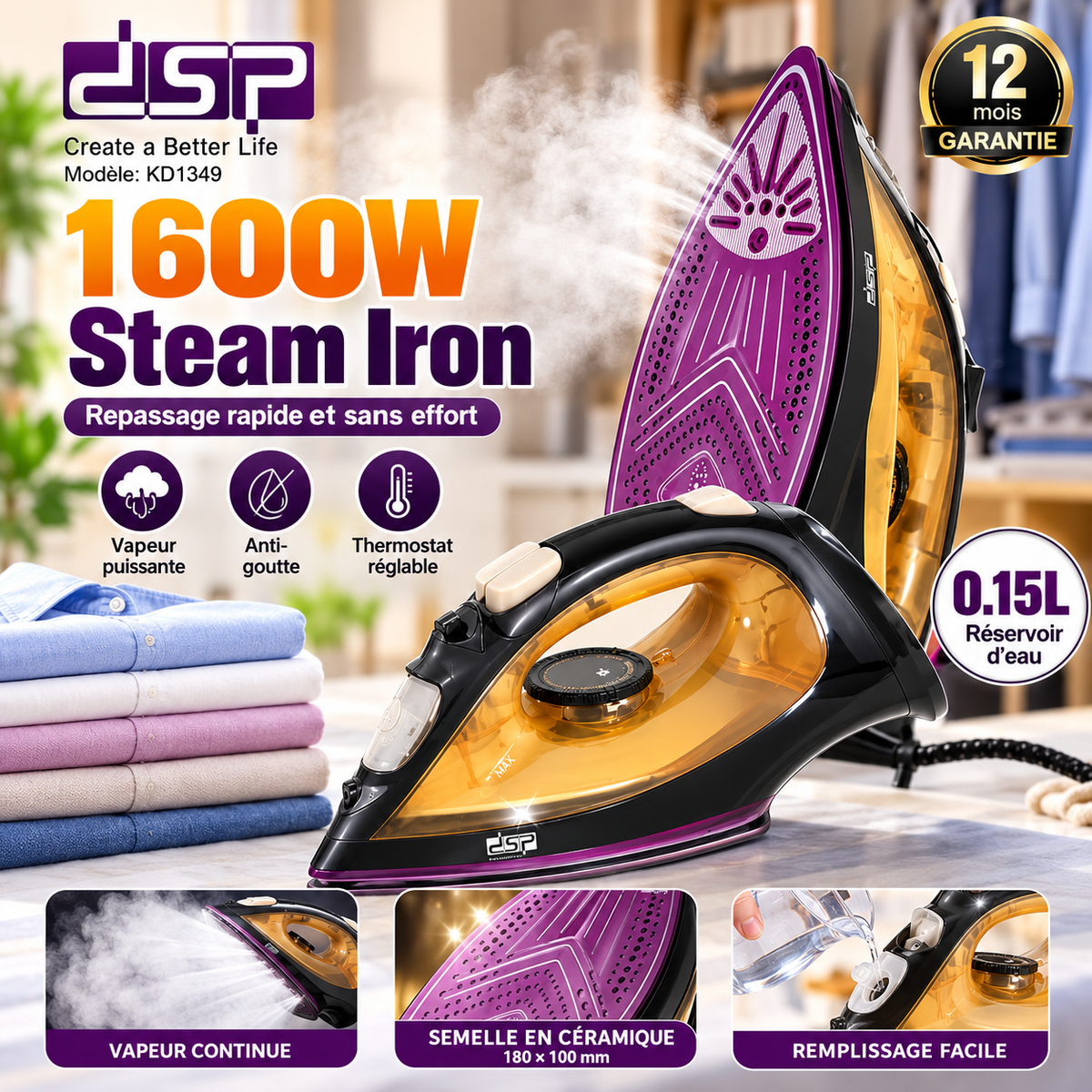 Fer à Repasser DSP Steam Iron KD1349 1600W — Semelle Céramique