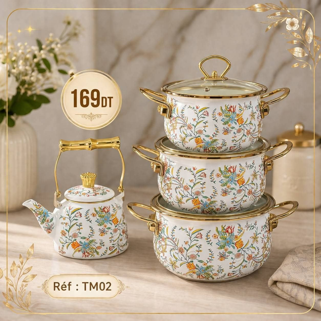 Set Batterie Cuisine Floral TM02 3 Casseroles Théière Multicolore Doré