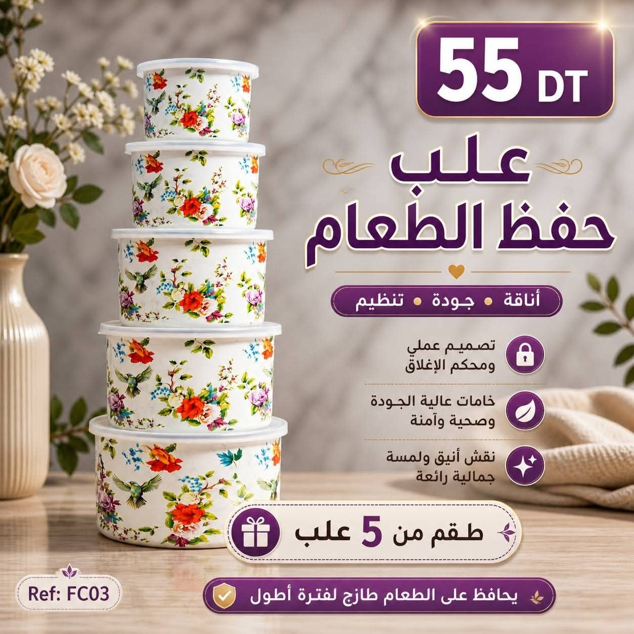 طقم 5 علب حفظ الطعام FC03 كوليبري وزهور ملونة