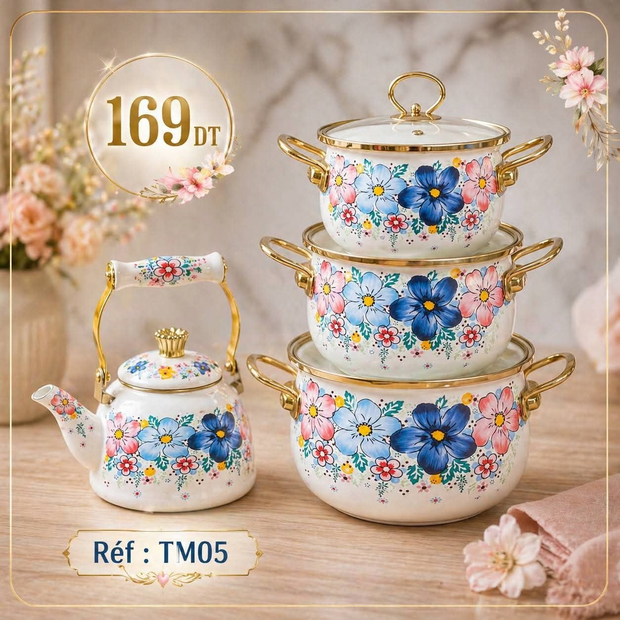 Set Batterie Cuisine Floral TM05 3 Casseroles Théière Bleu Rose Doré