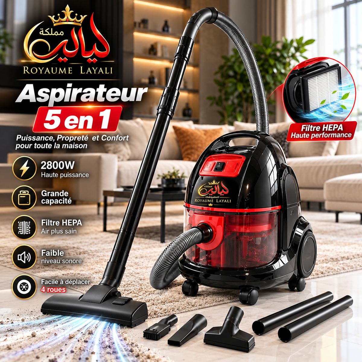 Aspirateur 5 en 1 Royaume Layali 2800W Filtre HEPA — Noir & Rouge