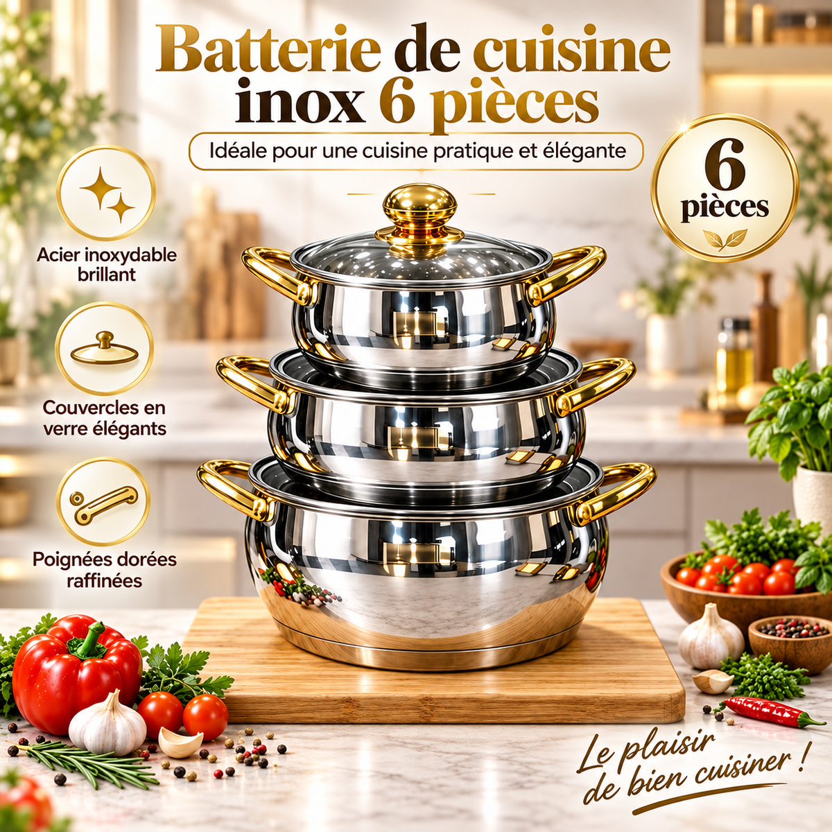 Batterie de Cuisine Inox 6 Pièces Poignées Dorées Couvercles Verre Élégants