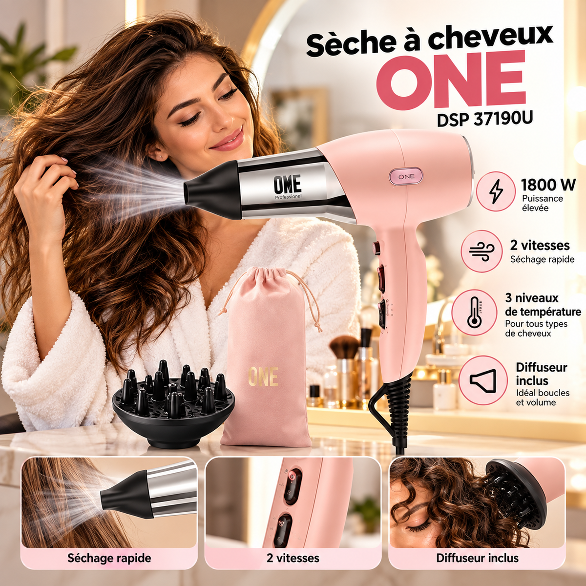 Sèche-cheveux ONE DSP 37190U 1800W Rose avec Diffuseur