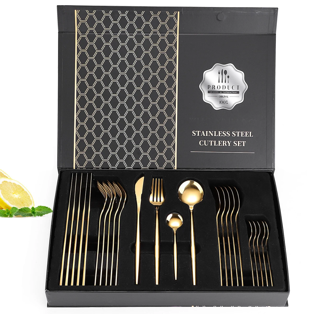 Coffret de Couverts en Acier Inoxydable Doré – 24 Pièces