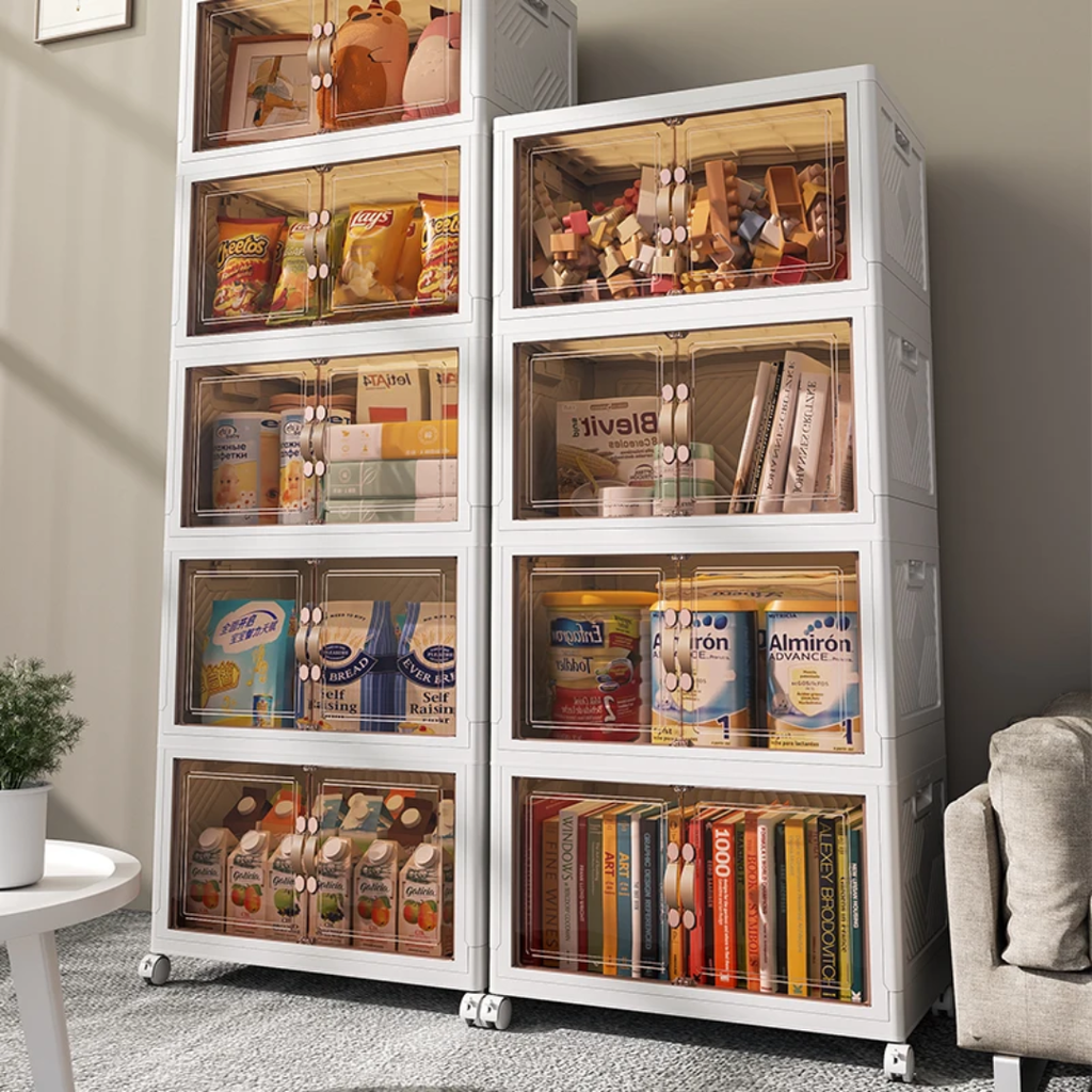 Armoire de rangement empilable à 4 tiroirs avec portes coulissantes et roulettes