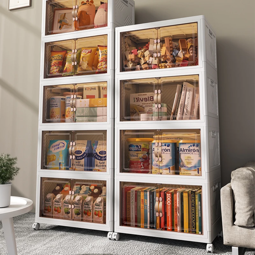 Armoire de rangement empilable à 4 tiroirs avec portes coulissantes et roulettes