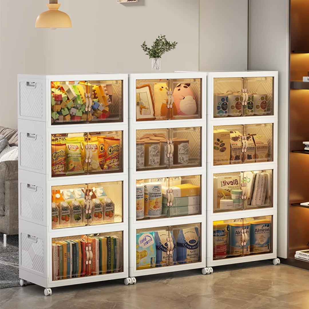 Armoire de rangement empilable à 4 tiroirs avec portes coulissantes et roulettes
