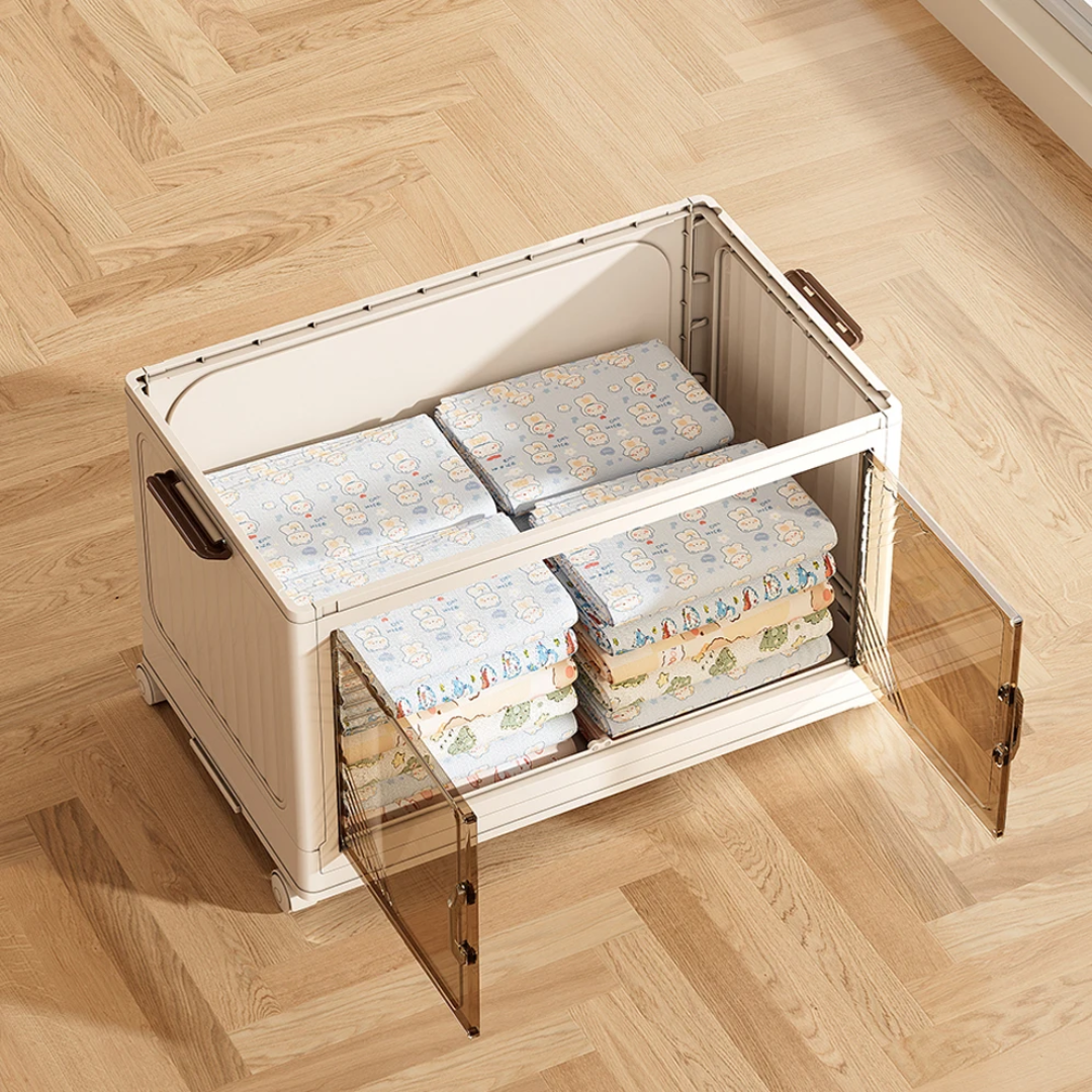 Armoire modulable à 5 niveaux avec portes transparentes et roulettes pivotantes
