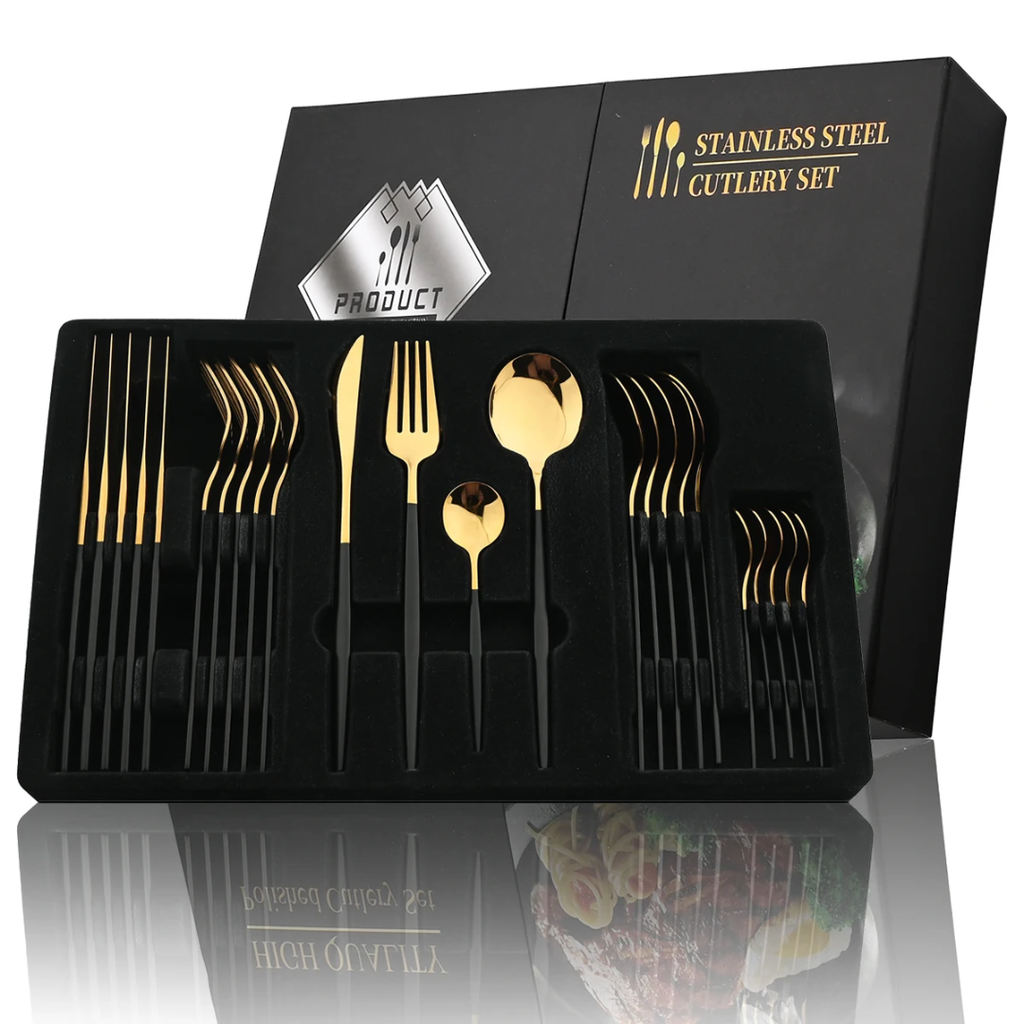 Coffret de Couverts en Acier Inoxydable Doré – 24 Pièces