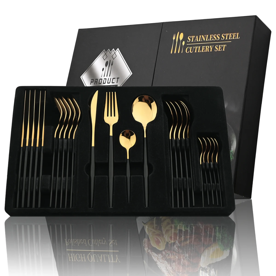 Coffret de Couverts en Acier Inoxydable Doré – 24 Pièces