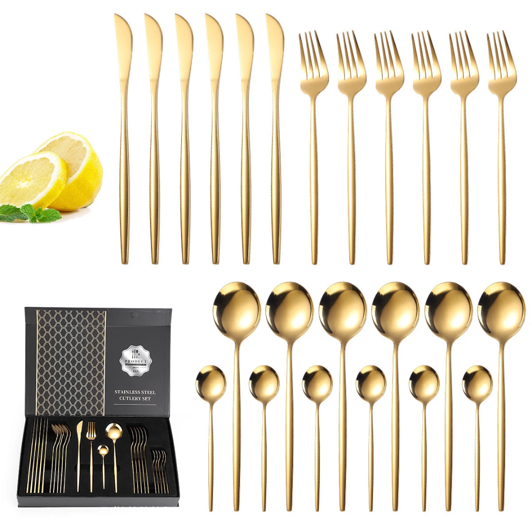Coffret de Couverts en Acier Inoxydable Doré – 24 Pièces