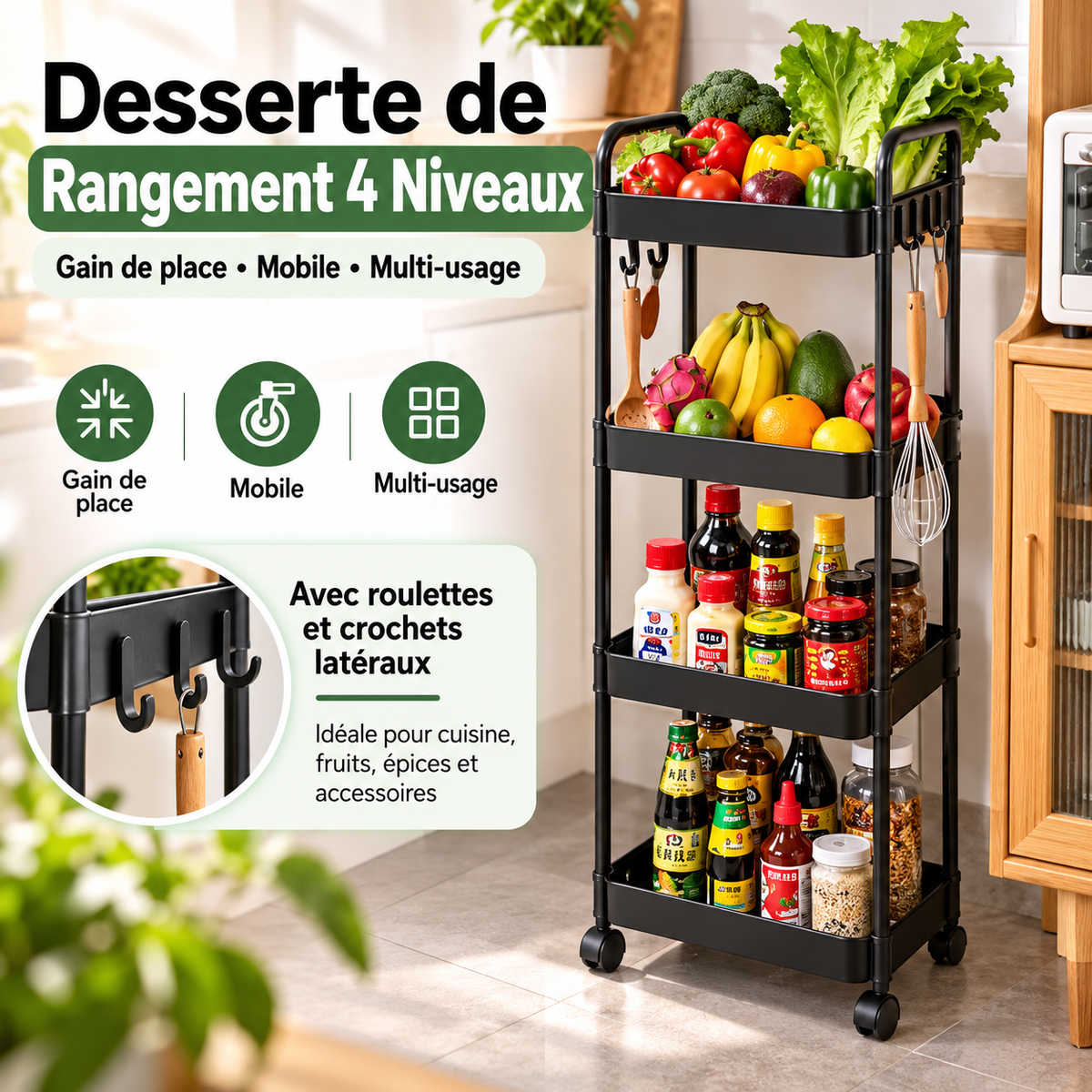 Desserte de Rangement 4 Niveaux Mobile avec Roulettes et Crochets — Noir