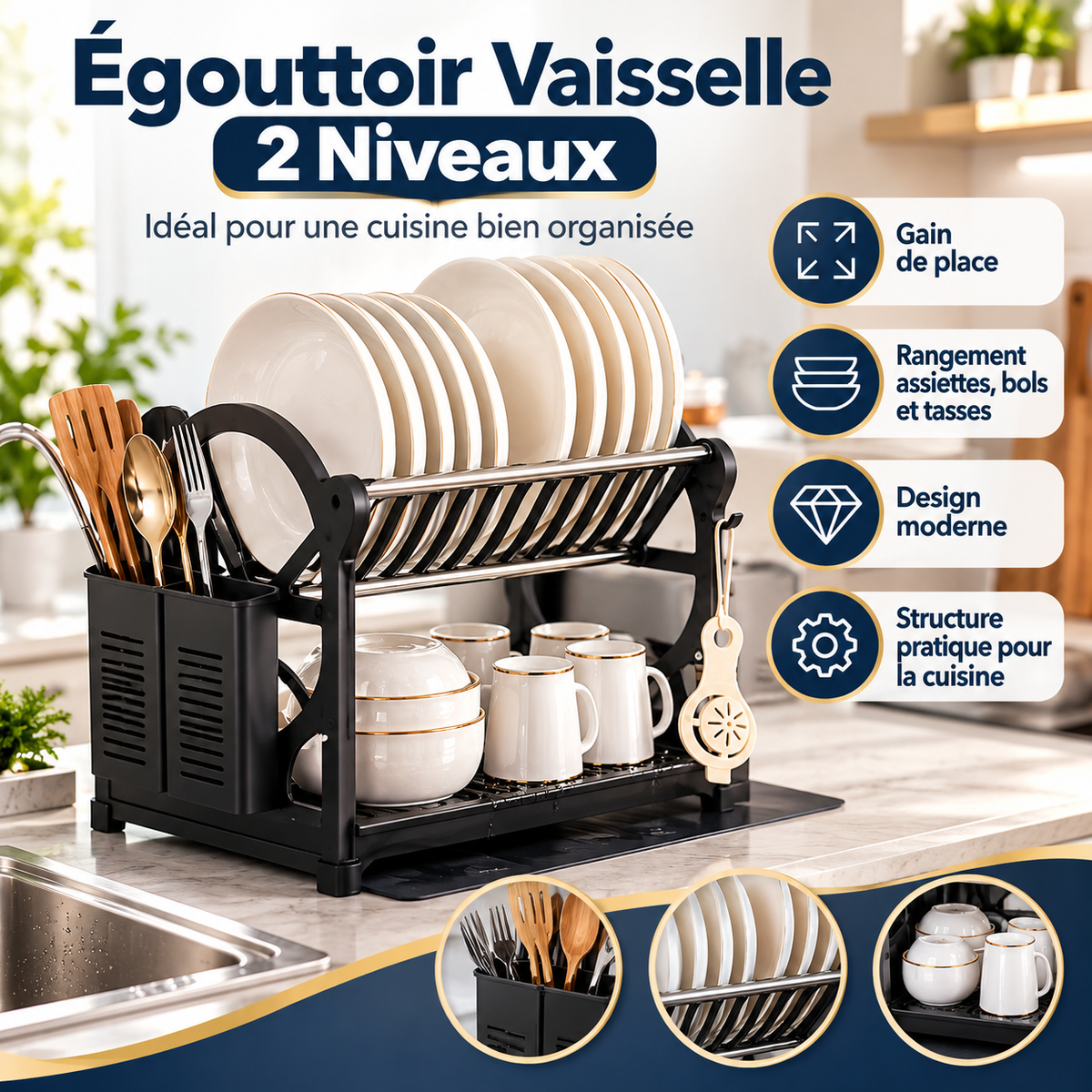 Égouttoir Vaisselle 2 Niveaux Design Moderne — Noir